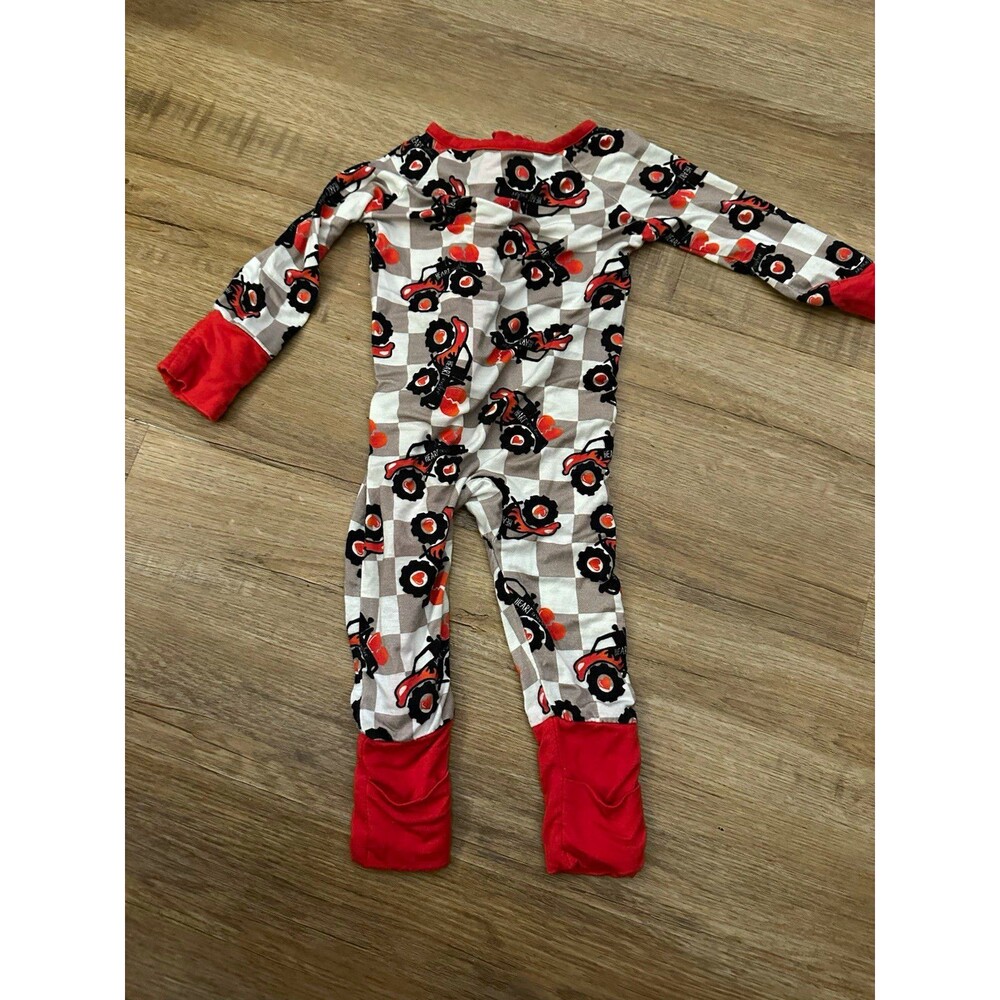 Bamboo 0-3 Months One Piece Sleeper Footless Zip Tractor Check Gray Red